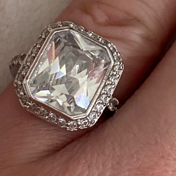 Silver and Faux Diamond Statement Princess Cut Cocktail Ring - Picture 2 of 7